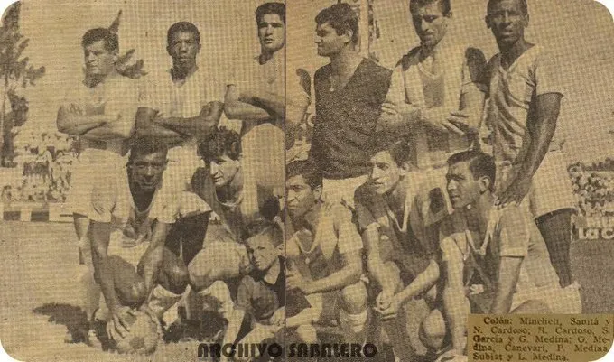 El once inicial del debut de Colón en Primera: Mincheli, Sanitá, Cardoso, Cardozo, García, G Medina, O. Medina, Canevari, L.Medina, Subiat y P.Medina. Foto: Archivo Sabalero.