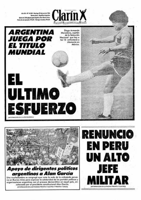 La tapa del diario Clarín del 29 de junio de 1986, en la previa a la gran final con Alemania.
