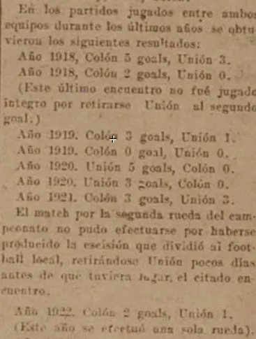 Así consignaban los registros de la época los clásicos santafesinos disputados entre Colón y Unión entre 1918 y 1919. Foto: Hemeroteca de la Ciudad de Santa Fe.