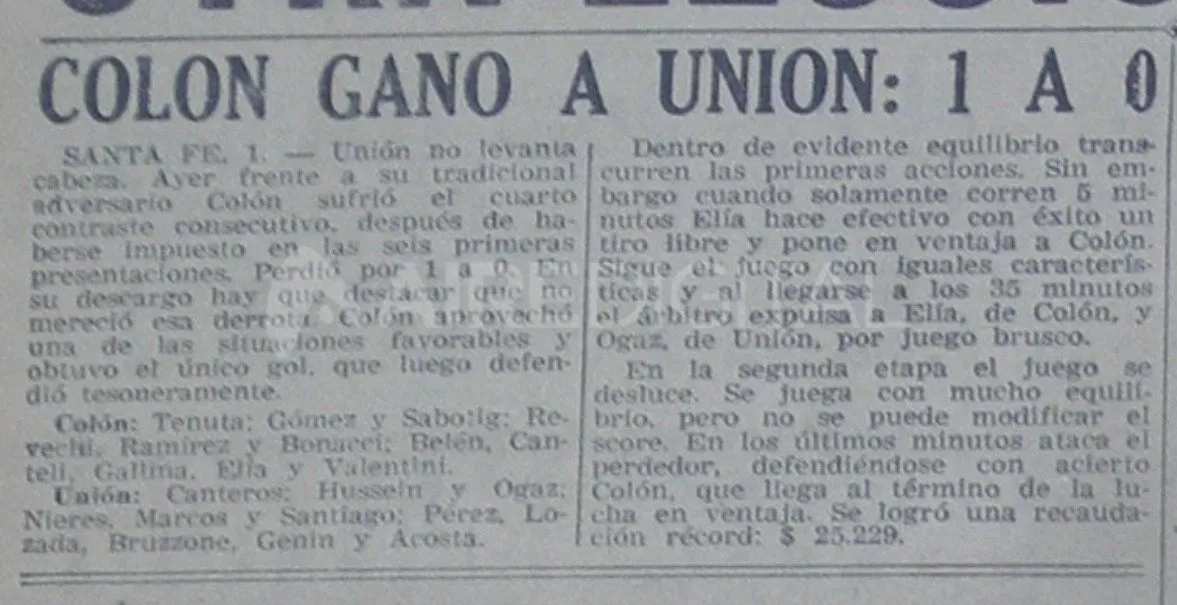 El Diario "El Mundo", hace referencia al primer partido en Torneos de la Asociación del Fútbol Argentino entre Colón y Unión, en la edición del día 2 de agosto de 1948. Foto: Archivo Andrés Yossen.